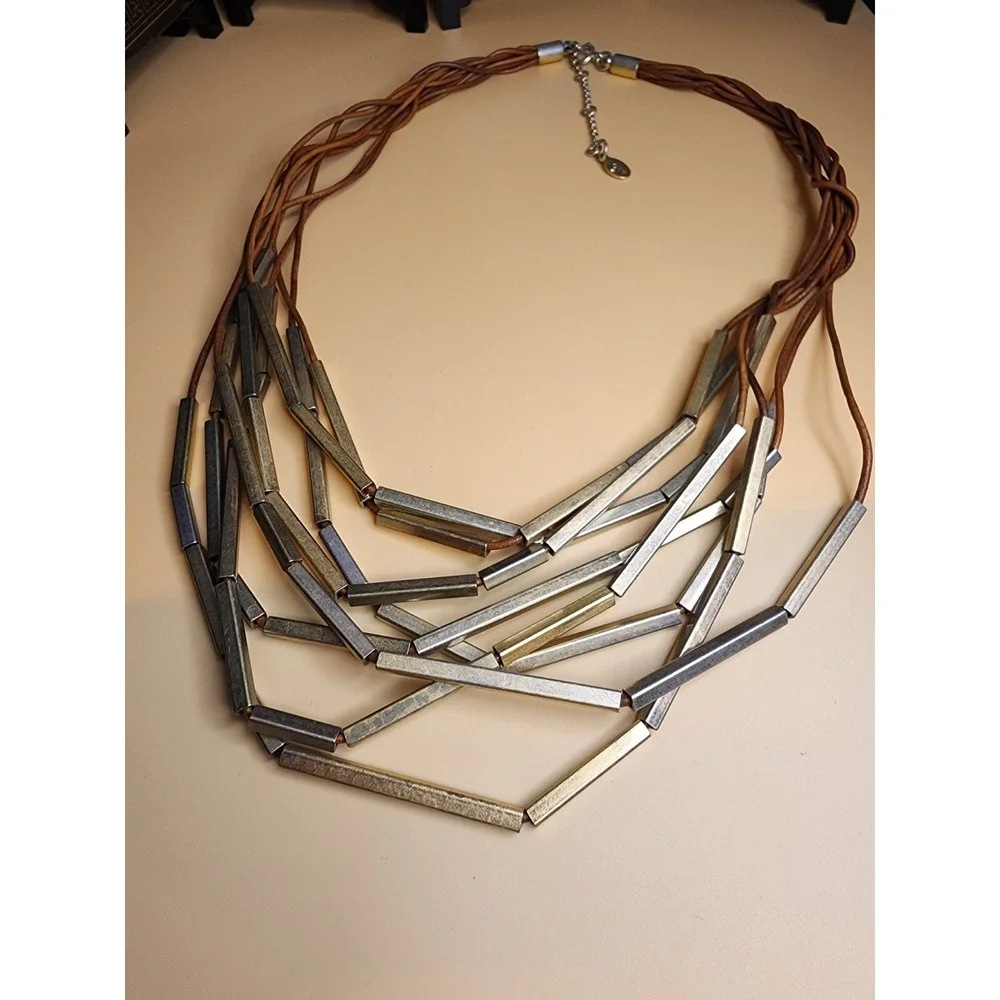 ANN TAYLOR LOFT Signed Necklace Multi-Strand‎ Braided Cord Metal Bar FREE $HIP!!